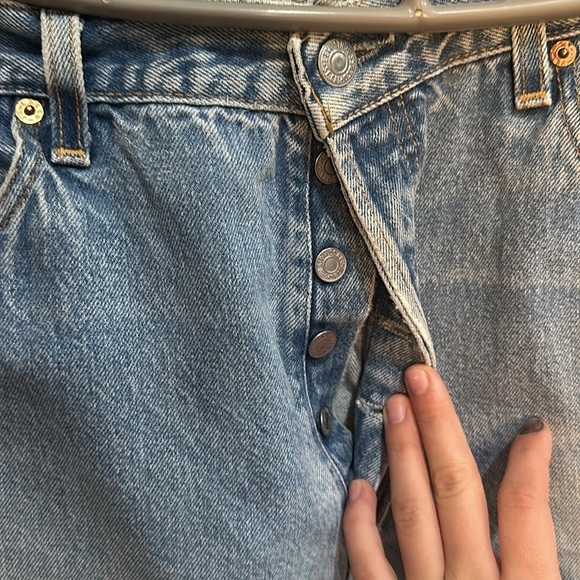 EB Denim Light Wash Button Fly Distressed Raw Hem Straight Leg Jeans - Picture 7 of 8